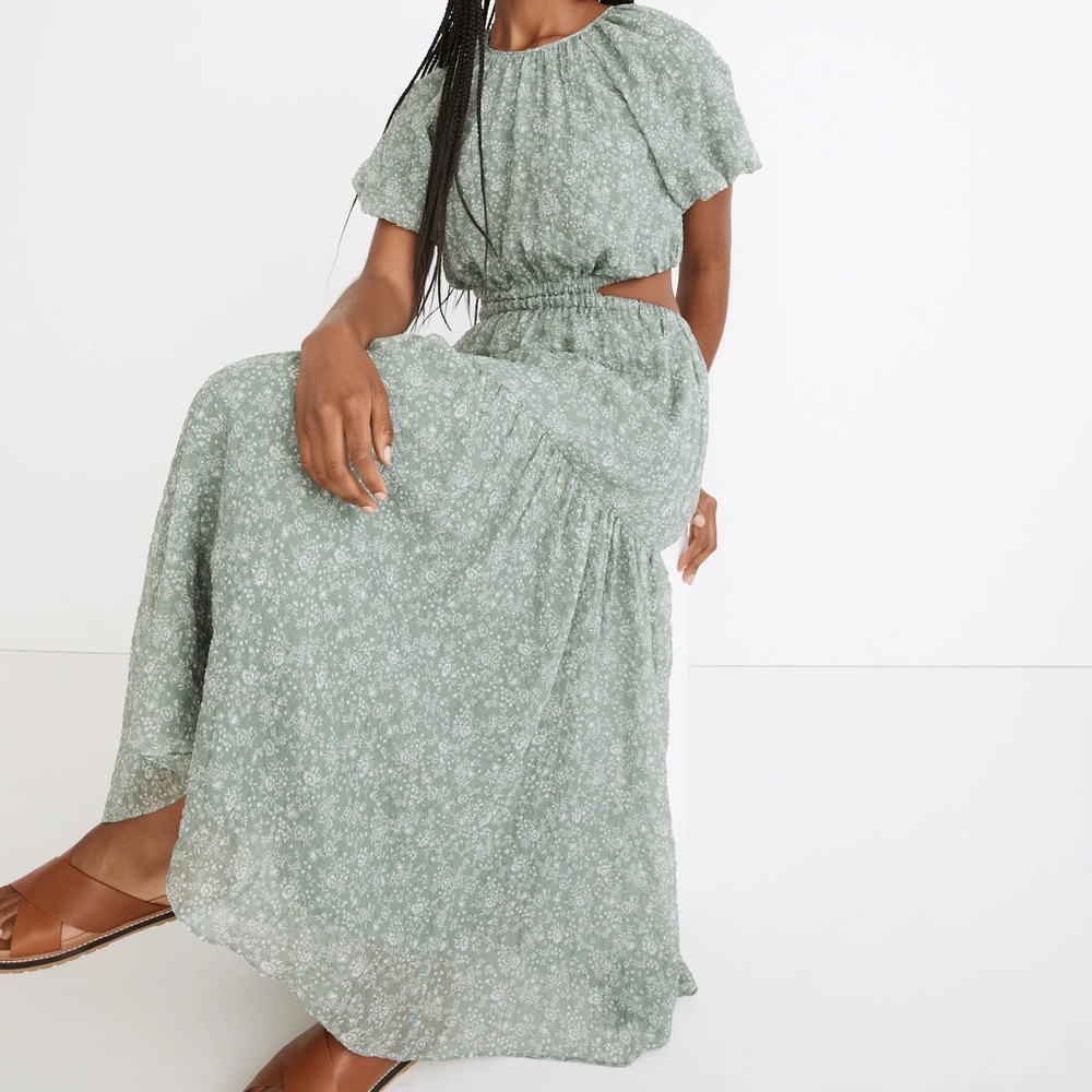 Madewell Seersucker Puff-Sleeve Cutout Midi Dress in Piazza Floral